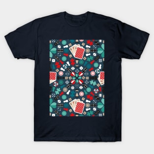 Wanna play? // pattern // blue background teal red mint brown black and white game pieces T-Shirt